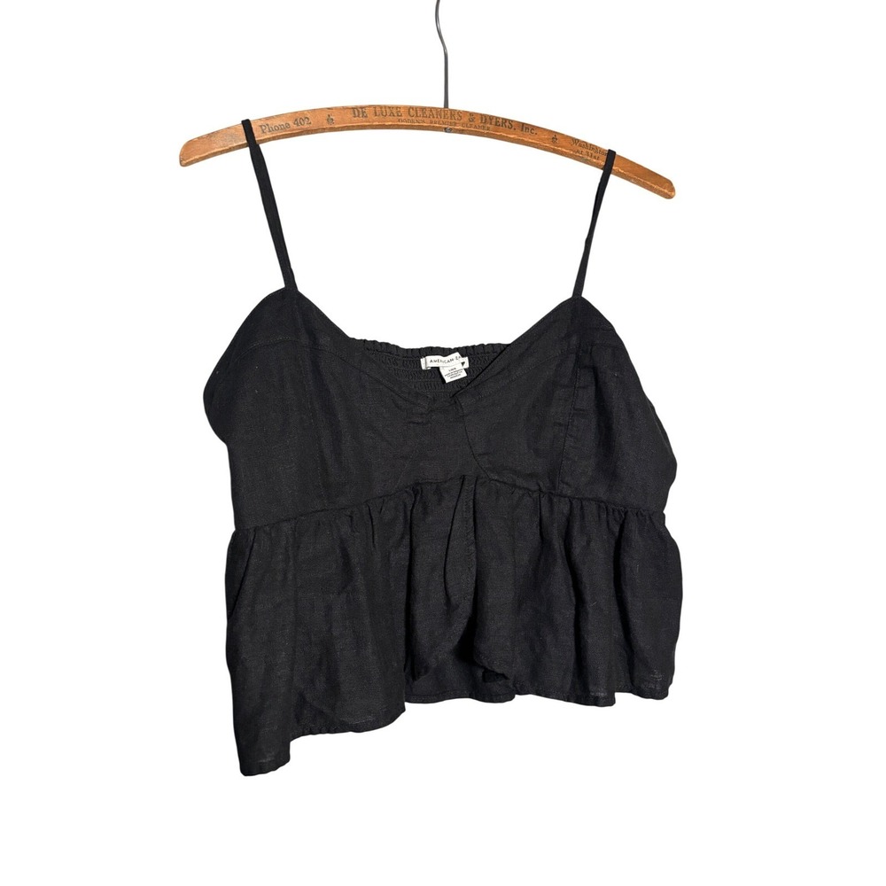American‎ Eagle L Black Linen Blend Peplum Cami Top Smocked Back Festival Beach